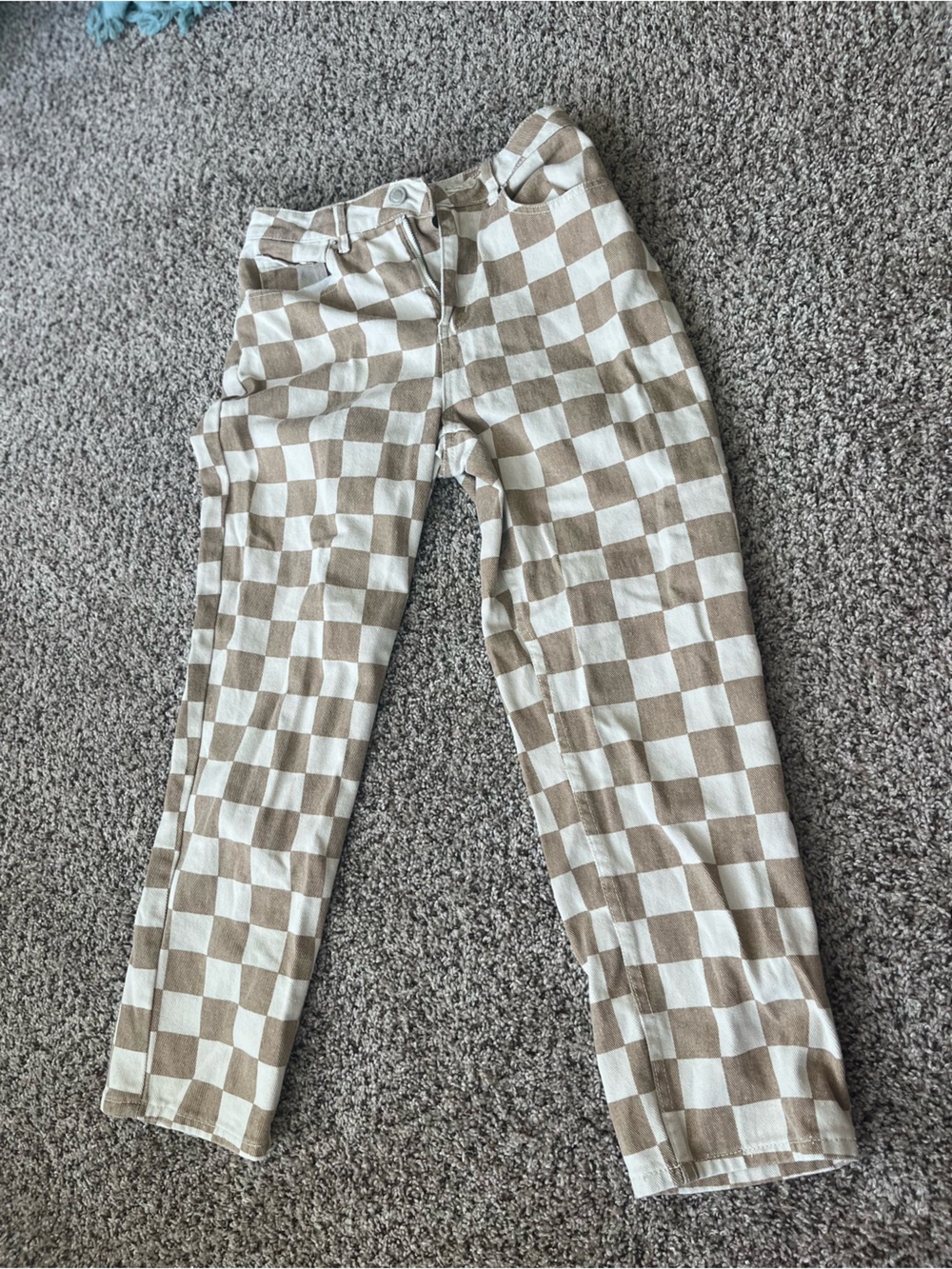 Angel Kiss Beige and White Checkered Straight Leg Pants